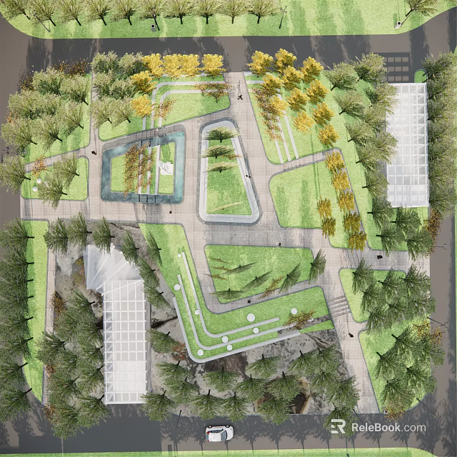 Lush Park Landscape With Green Lawns Winding Paths Trees And Seating Areas 3d model 