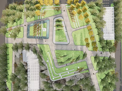 Lush Park Landscape With Green Lawns Winding Paths Trees And Seating Areas 3d model