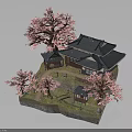 Traditional Japanese Architecture Featuring Black Roof And Surrounding Pink Cherry Blossom Trees