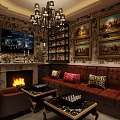 Modern Bar Interior Design With Neon Lights Colorful Flags Wine Racks And Casual Seating