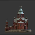 Intricate Religious Church Model With Red Architecture Green Dome Spires Golden Details And Green Lawns