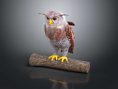 Flying Animal Owl Perched on Wooden Log with Brown White Feathers and Yellow Talons 3d model