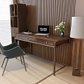 Modern Wooden Desk With Laptop White Flowers Vase Green Chair And Floor Lamp