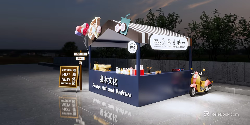 Modern Fashion Art Clothing Stall With Balloons Scooter And Signboard 3d model 