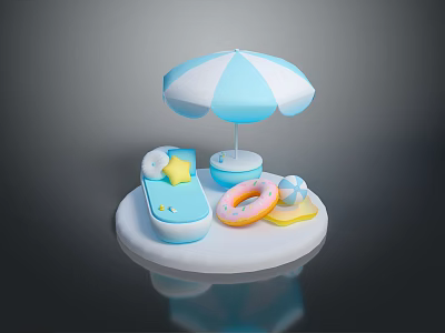 Cute Summer Baby Pool Setup With Blue White Umbrella Float Ring And Star Toy 3d model