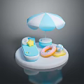 Cute Summer Baby Pool Setup With Blue White Umbrella Float Ring And Star Toy