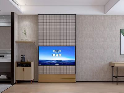 Modern Hotel Guest Room Interior With Grid Pattern Wall And TV Screen 3d model