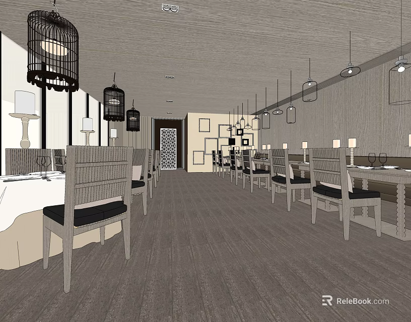 Elegant Restaurant Interior With Birdcage Pendant Lights Wooden Tables And Dining Chairs 3d model 