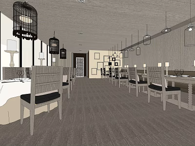 Elegant Restaurant Interior With Birdcage Pendant Lights Wooden Tables And Dining Chairs 3d model