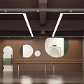 Dance School Studio With Arch Windows Ballet Barres Gray Flooring And Pink Dark Walls
