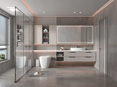 Modern Bathroom Interior Featuring Gray Tiles Recessed Lighting Large Mirror Vanity Cabinets And Glass Shower 3d model