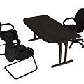 Dark Wooden Office Desk With Three Black Ergonomic Chairs And Modern Setup