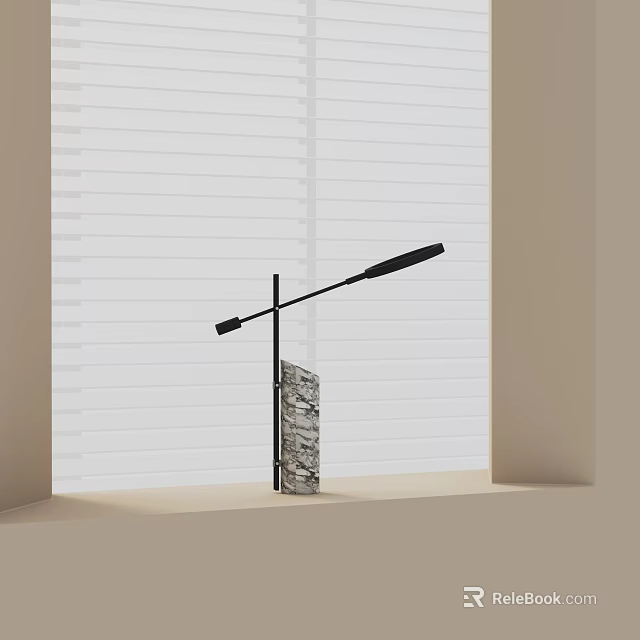 Minimalist Modern Table Lamp With Black Metal Stand And Marble Base Against White Blinds 3d model 