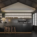 Modern Café Interior With Wooden Ceiling Large Windows Green Plants and Sofa Seating