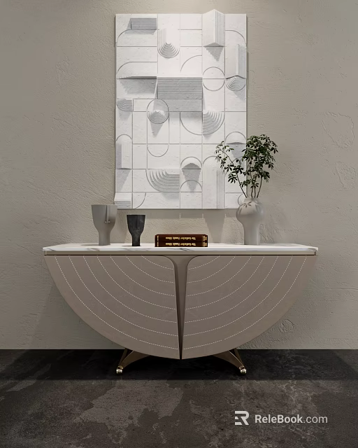 Modern Entryway Cabinet Sideboard With Decorative Vases Green Plant And Abstract Painting 3d model 