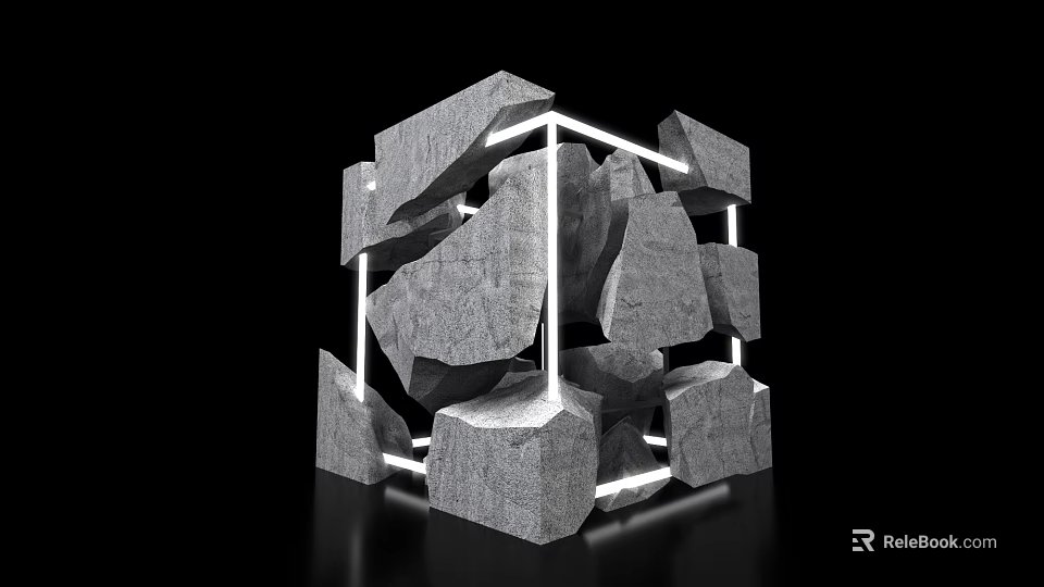 Modern Decorative Ornament Set With Stone Blocks And White Cube Frame 3d model 