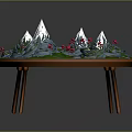 Cartoon Scene With Circular Platform Snowy Mountains Winding Rivers And Red Flowers