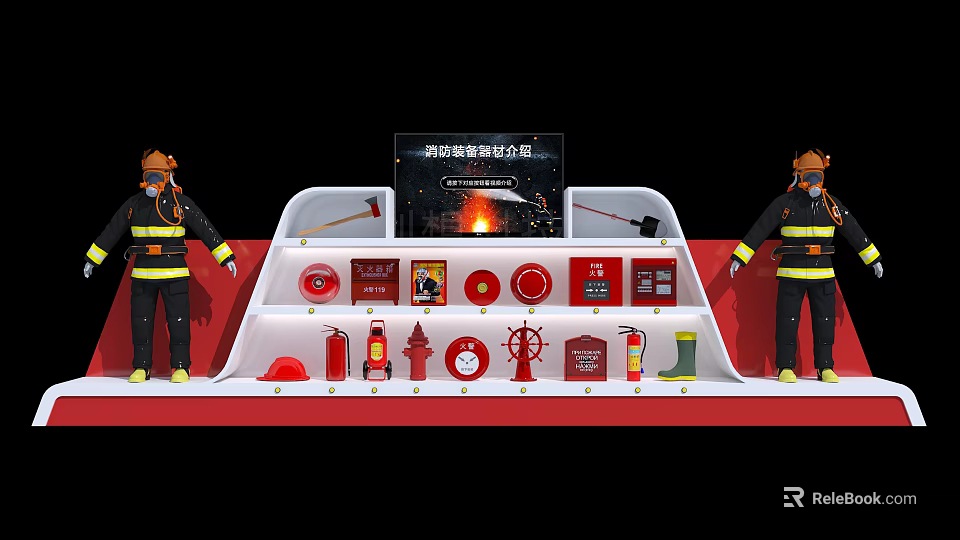 Fire Safety Equipment Display Featuring Extinguishers Hydrants Axes Boots And Helmets 3d model 