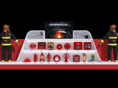 Fire Safety Equipment Display Featuring Extinguishers Hydrants Axes Boots And Helmets 3d model