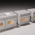 Three Modern Stainless Steel Kitchen Stoves With Black Cooktops And Built In Ovens