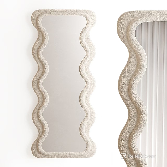 Beige Wavy Mirror Interior Design On White Wall With Curtains 3d model 
