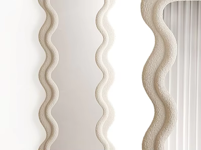 Beige Wavy Mirror Interior Design On White Wall With Curtains 3d model