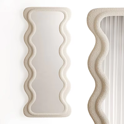 Beige Wavy Mirror Interior Design On White Wall With Curtains 3d model