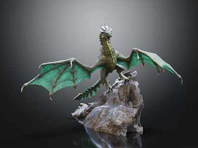 Intricate Mythical Dragon Sculpture With Green Wings Perched On Rock Base 3d model