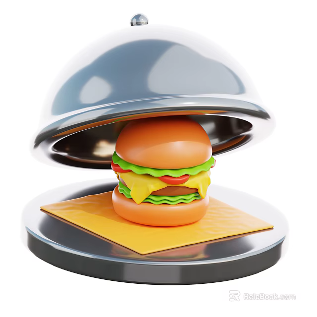 Fresh Delicious Hamburger Under Silver Cloche On Yellow Placemat With Lettuce Cheese And Patty 3d model 
