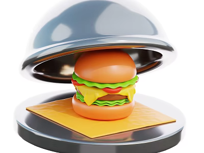 Fresh Delicious Hamburger Under Silver Cloche On Yellow Placemat With Lettuce Cheese And Patty 3d model