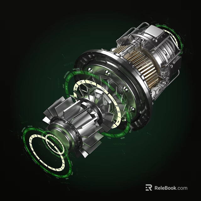 Complex Mechanical Gear System With Green Illuminated Rings And Metal Parts 3d model