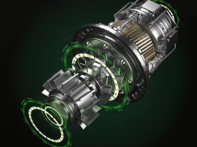 Complex Mechanical Gear System With Green Illuminated Rings And Metal Parts 3d model