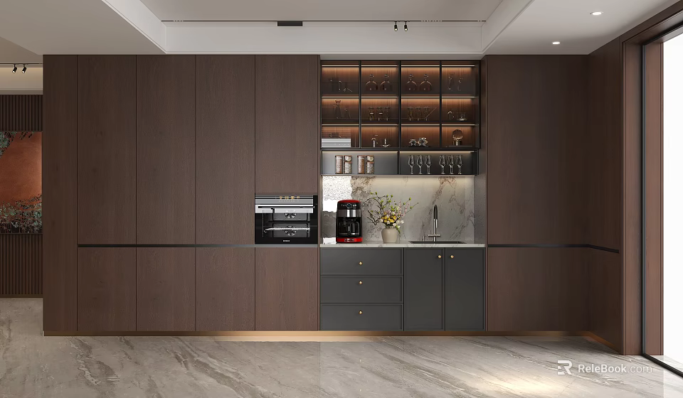Modern Restaurant Kitchen With Dark Brown Cabinets Glass Door Wine Rack And Marble Countertop 3d model 