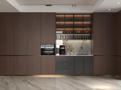 Modern Restaurant Kitchen With Dark Brown Cabinets Glass Door Wine Rack And Marble Countertop 3d model