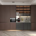 Modern Restaurant Kitchen With Dark Brown Cabinets Glass Door Wine Rack And Marble Countertop