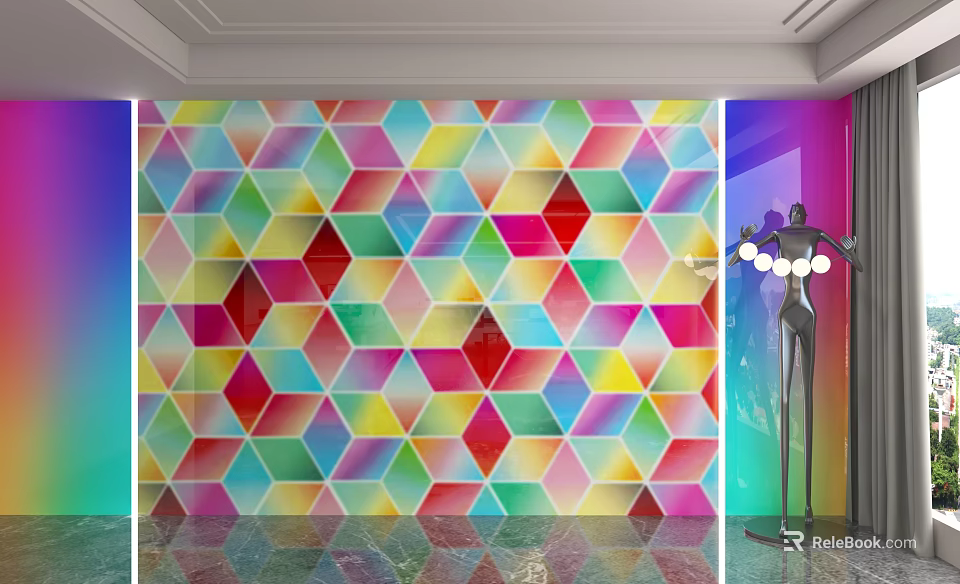 Colorful Geometric Pattern Backdrop Wall with Purple Green Illumination and Human Shaped Decoration 3d model 