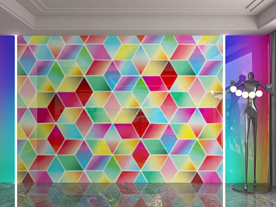 Colorful Geometric Pattern Backdrop Wall with Purple Green Illumination and Human Shaped Decoration 3d model
