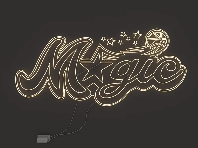 Magic Themed Neon Light Fixture Set With Golden Stars And Basketball Design On Dark Background 3d model