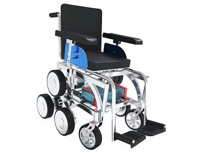 Electric Wheelchair With Black Seat Footrests Blue Accents Silver Frame And Wheels 3d model