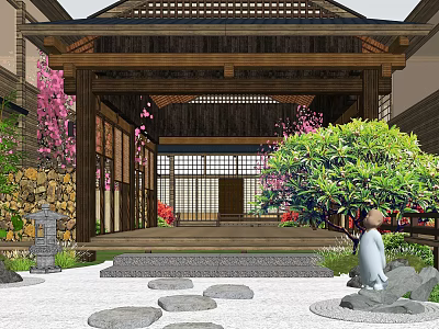 Karesansui Japanese Garden With Wooden Pavilion Cherry Blossoms And Stone Lanterns 3d model