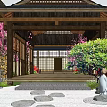 Karesansui Japanese Garden With Wooden Pavilion Cherry Blossoms And Stone Lanterns