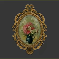 Golden Carved Oval Frame Decorative Painting With Blue Vase And Pink White Flowers