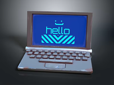 Vintage Laptop With Blue Screen Showing Hello And Metallic Body Design 3d model