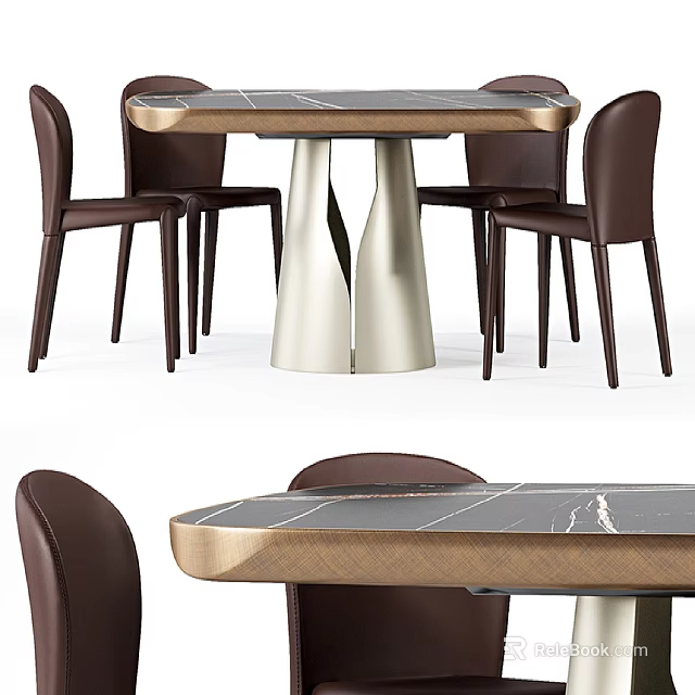 Modern Dining Table And Chairs With Marble Top And Brown Leather Seats 3d model 