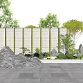 Gray Vertical Striped Feature Wall in Garden with Green Trees Rocks and Stone Pavement