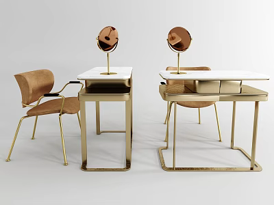 Elegant Dressing Table and Chair Set with Gold Frame White Tabletop and Mirror 3d model