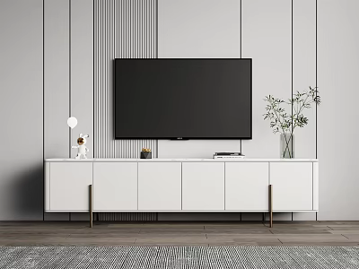 Modern White TV Stand With Flat Screen TV On Gray Striped Wall And Decorative Plant 3d model