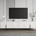 Modern White TV Stand With Flat Screen TV On Gray Striped Wall And Decorative Plant