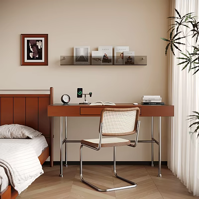 Modern Wooden Desk Setup With Table Lamp Alarm Clock Open Book And Woven Chair 3d model