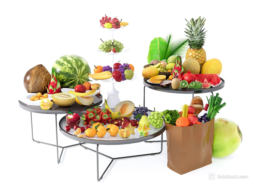 Fresh Assorted Fruits Displayed on Plates and Stands with Brown Shopping Bag 3d model 